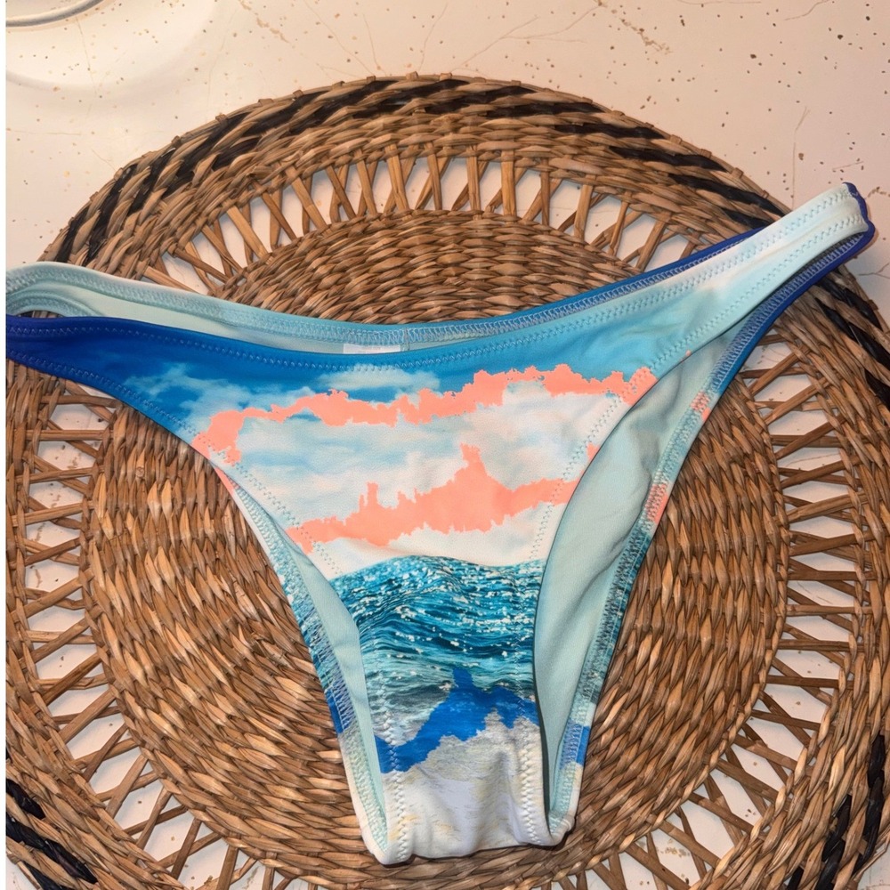 Aerie Real Good Cheeky Bikini Bottoms Ocean Wave Sunset Print Blue Small NEW